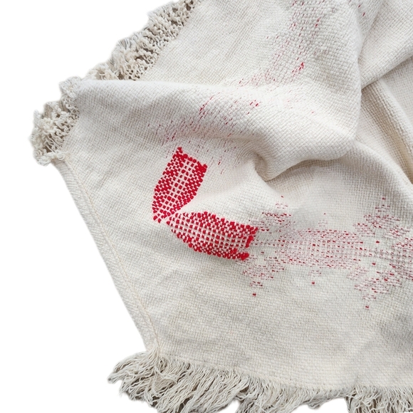 VINTAGE 70'S HAND WOVEN HAND KNIT PONCHO/Shrug, RED/CREAM, Women's Medium - Picture 6 of 7